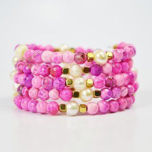 Freshwater Pearl Agate Memory Wire Beaded Bracelet